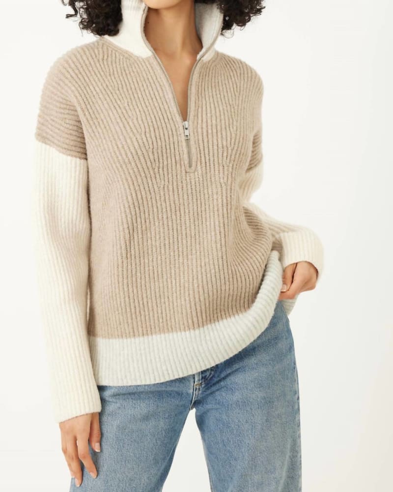 Front of a model wearing a size L Mason Quarter Zip Pullover in Oat Multi in Oat Multi by Stitches & Stripes. | dia_product_style_image_id:333969